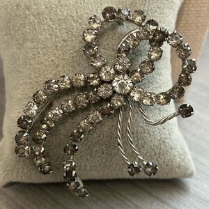 Vintage Silver Tone Rhinestone Bow Brooch Pin Old Hollywood Glam